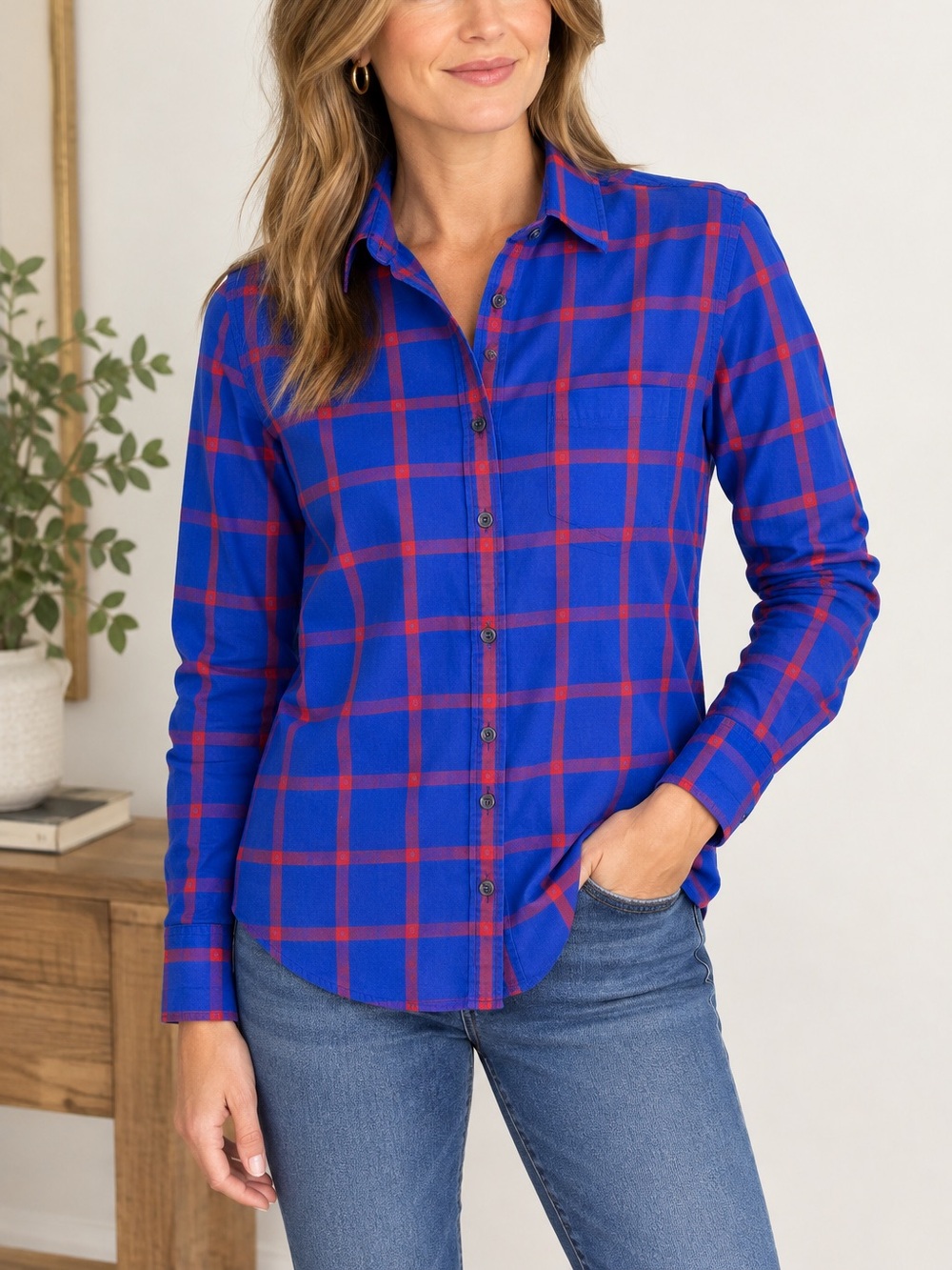 J. Crew Boy Fit Red Blue Plaid‎ Button Down Shirt Women's Small Cabincore
